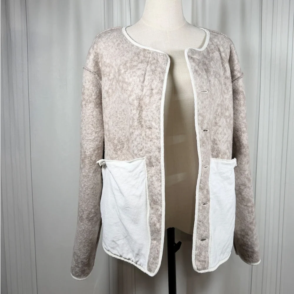 Lucky Brand Faux Shearling Jacket Neutral Multi Taupe Quilted Trim Button L